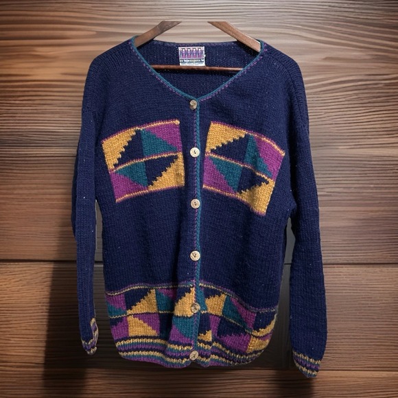 Sweaters - Vintage Ecuador Hand Knit Cardigan Sweater Women's Medium Aztec Geometric Button